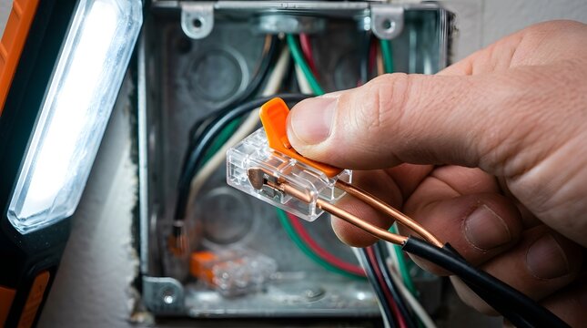 Close up of hand using lever wire connector on copper cables in junction box lit by bright led work light beam