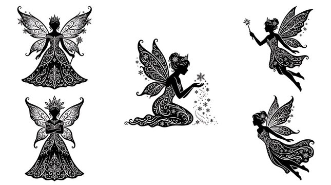 Fairy silhouette icon set with magical wings and fantasy queen characters in black ink.