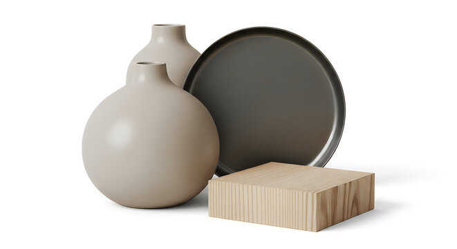 Two ceramic vases with a dark plate and wooden pedestal for product display