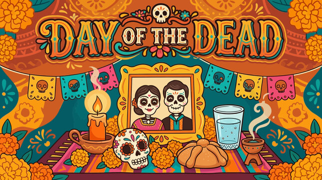 A warm flat design illustration featuring hand-drawn style lettering for Day of the Dead, complemented by minimalist icons representing an ofrenda. 