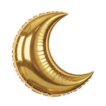 Shiny gold crescent moon foil balloon isolated on a plain white background