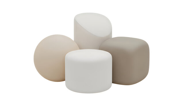 Modern soft geometric furniture stools in neutral beige colors on a white background