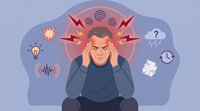 Person suffering severe headache surrounded by stressful visual elements with depicts individual experiencing intense pain discomfort headache