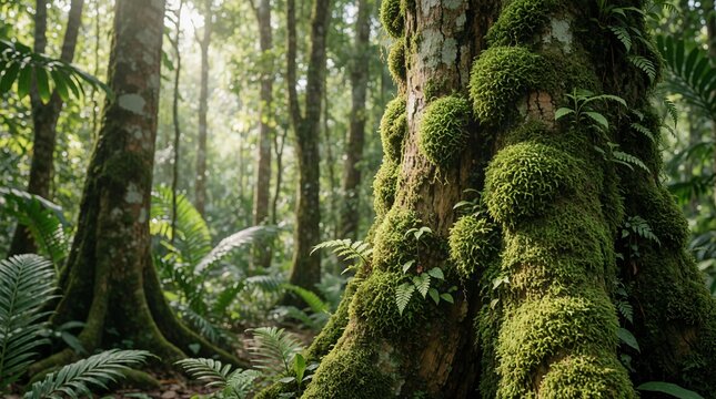 Moss Covered Tree Trunk Surrounded by Lush Forest Vegetation