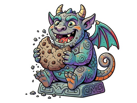 Cute Cartoon Gargoyle Vector Eating Chocolate Chip Cookie