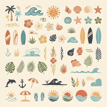 Tropical Summer Beach Elements and Vacation Decorative Collection