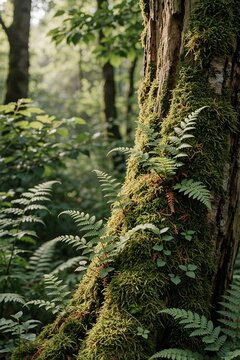 Moss Covered Tree Trunk Rising Through a Fern Forest