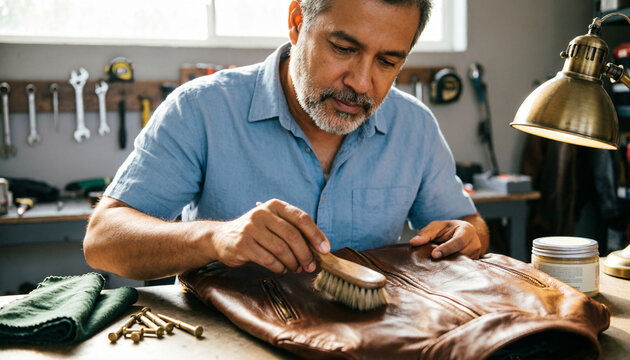 A middle-aged man with gray stubble carefully brushes wax onto a brown leather jacket at a wooden workbench in a sunlit garage. Podcast cover for craftsmanship and hands-on repair