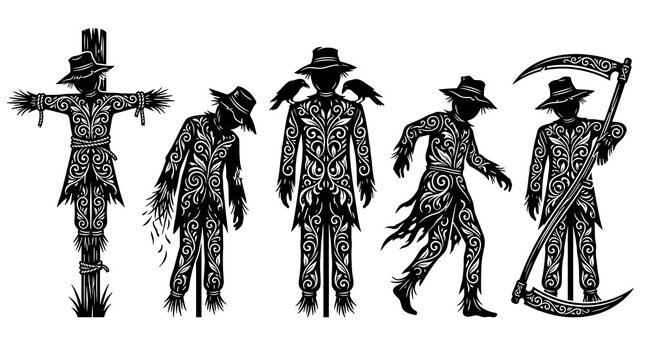 Scarecrow silhouette set with ornate patterns for Halloween and horror design projects