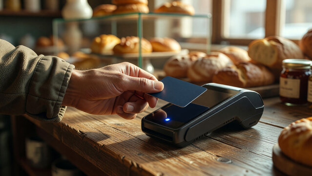 Male hand tapping credit card on POS terminal at bakery counter, contactless payment and modern transaction
