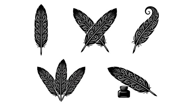 Set of ornate raven feather quill icons for vintage writing and calligraphy design elements.