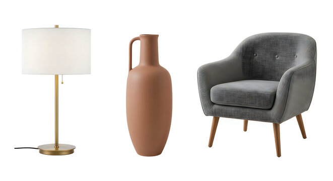 Modern table lamp clay vase and gray armchair furniture set isolated on white