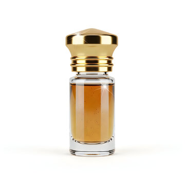 Small glass perfume bottle with a shiny gold cap containing amber aromatic liquid