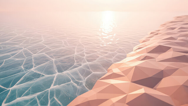 Low-poly landscape with geometric terrain and sunlit water surface.