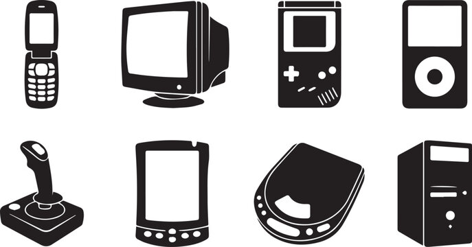 Retro Vintage Tech and Electronics Icons Set Featuring Flip Phone, CRT Monitor, Handheld Game Console, MP3 Player, Joystick, PDA, Portable CD Player, and Desktop Computer Tower Silhouettes