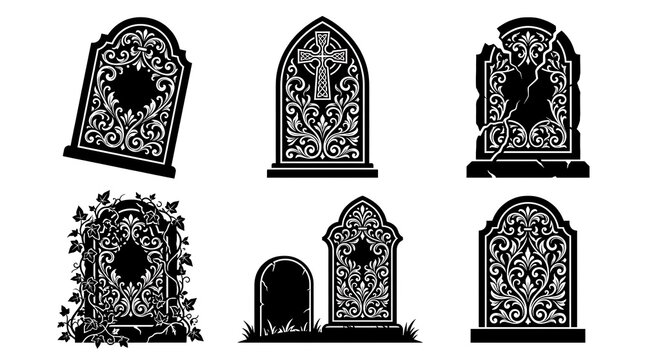 Set of ornate tombstone icons with gothic gravestone designs and cemetery headstone silhouettes