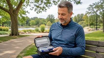 Fototapeta premium Person with insulin pen case on a sunny garden bench portrait with warm sunset light clear sharp