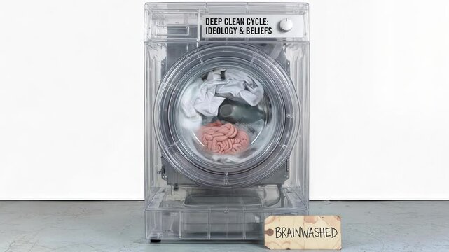 Conceptual human brain washing inside transparent laundry machine. Metaphor for ideology and belief manipulation. Lockdown shot.