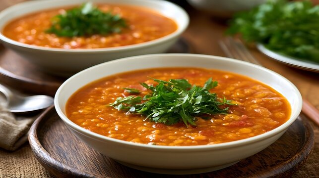 Two bowls of tomato lentil soup garnished with fresh parsley  served on wooden trays with rustic table setting