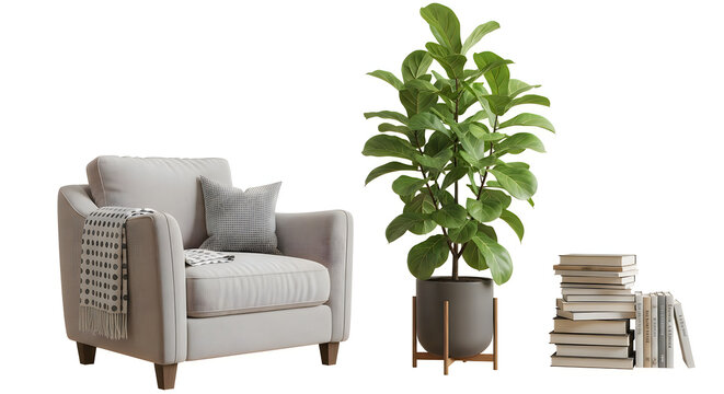 Modern gray armchair with a large green houseplant and stack of books on the side