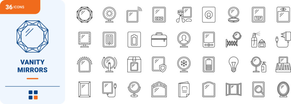 Makeup vanity mirror line icon set. Vector pictograms of hollywood, lighted, led, and cosmetic elements, thin linear illustration.