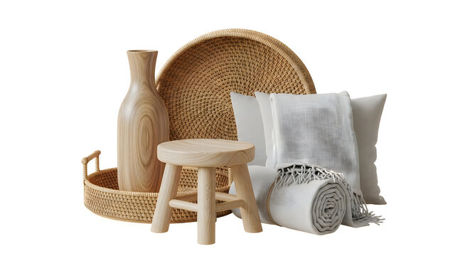 Decorative home decor items including a wooden stool vase tray and soft grey pillows