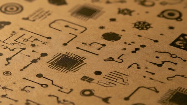 Close up of printed circuit board patterns on textured brown paper with warm lighting and shallow depth of field