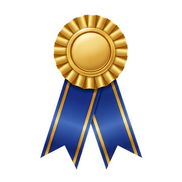 Shiny gold award ribbon rosette with blue tails isolated on a white background