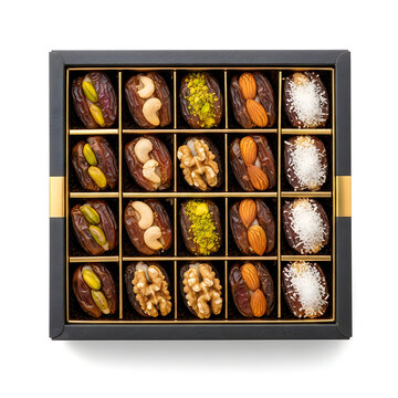 A square black gift box filled with assorted gourmet chocolate pralines and nuts