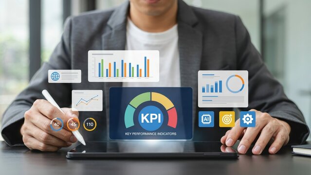 Professional analyzing key performance indicators on digital tablet