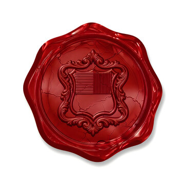 Red wax seal stamp with a decorative heraldic shield design on a white background