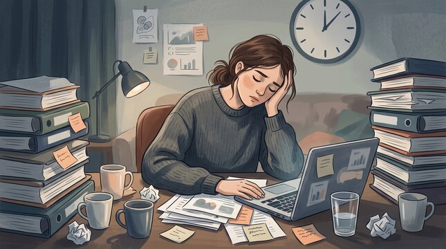 Overwhelmed professional resting forehead on desk amid cluttered workspace with documents with depicts stressed individual leaning desk disorganized workspace filled stacks books