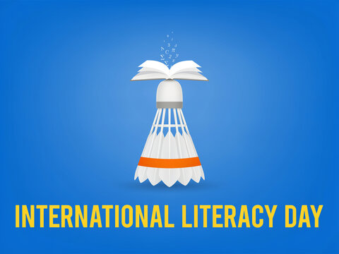 International literacy day poster template with badminton shuttlecock and open book vector art literacy shuttlecock badminton education learning knowledge