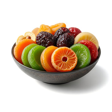 A black bowl filled with various colorful sliced dried fruits and sweet dates