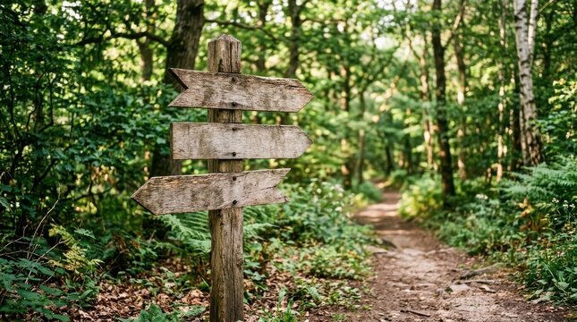 Empty wooden signpost on a forest trail