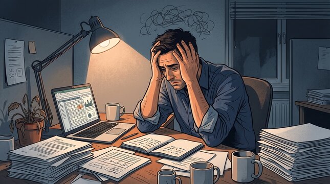 Overwhelmed professional suffering stress at cluttered desk with documents with conveying intense stress burnout under bright desk lighting depicts distressed individual