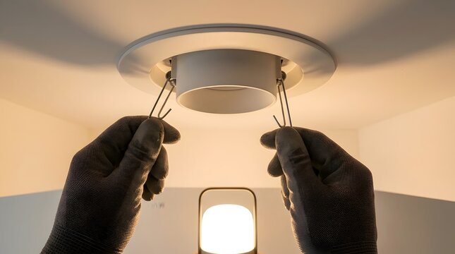 Gloved hands installing a recessed LED ceiling downlight fixture with metal spring clips in a home's interior.
