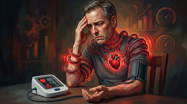 Stressed middle aged man with visible high blood pressure reading on digital monitor with glowing veins pulsating heart sitting indoors illuminated