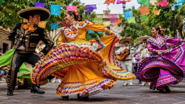 Woman and man dancing traditional Mexican folkloric dance in colorful costume at street festival with mariachi music. National Hispanic Heritage Month celebration of latin culture and heritage