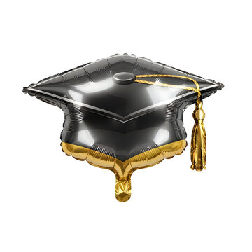 Black and gold graduation cap balloon shape isolated on a clean white background