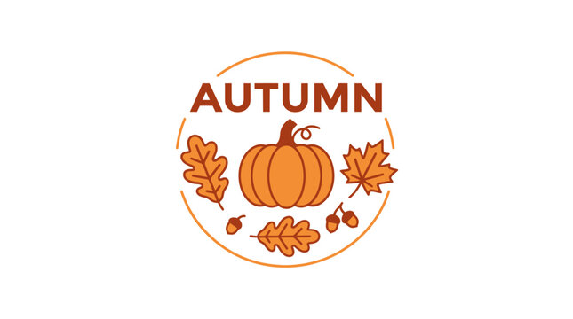 Autumn seasonal badge with pumpkin and leaves, fall harvest circular emblem vector, orange foliage and acorn logo design