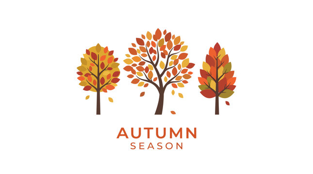 Autumn season vector trees with orange and red leaves. Flat fall foliage illustration. Minimalist nature landscape elements for seasonal design.