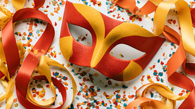 Red and yellow carnival mask surrounded by colorful confetti and paper streamers