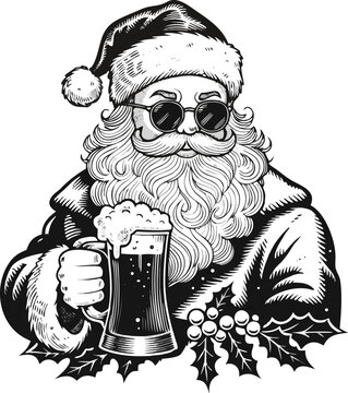 Vintage Santa Claus Holding Beer Mug Engraving Vector &ndash; Classic Christmas Father Christmas Portrait with Glowing Candle, Hand Drawn Black and White Woodcut Line Art for Holiday Card. Hand Drawn Retro 