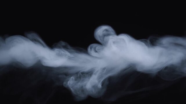 Cinematic white smoke wisps on a black background, ethereal vapor clouds drifting horizontally, mystical fog texture for overlay
