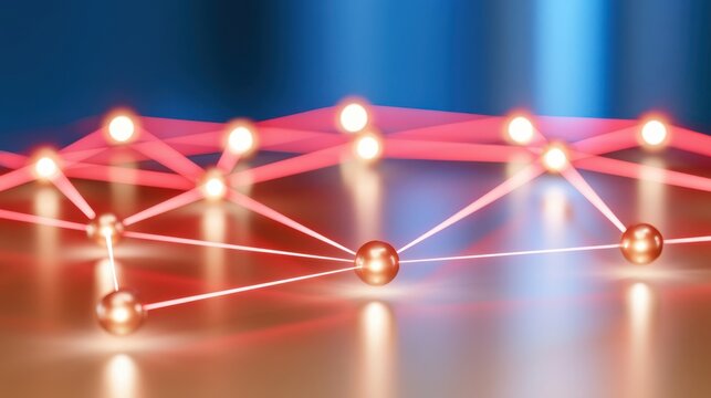 Abstract network map with glowing nodes and red connections on dark blue background