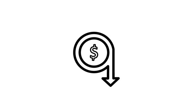 Dollar sign with downward arrow icon, finance loss concept, falling currency value, declining investment, debt, reduced profit, economic downturn and financial decrease symbol.