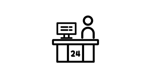 Customer service desk icon with support agent, 24 hour assistance, information counter, help center, reception, business service and customer care concept. 4k animation .