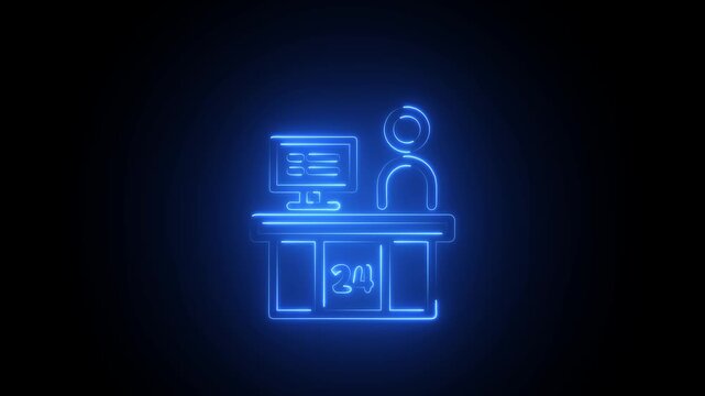 Glowing neon Customer service desk icon with support agent, 24 hour assistance, information counter, help center, reception, business service and customer care concept. 4k animation .