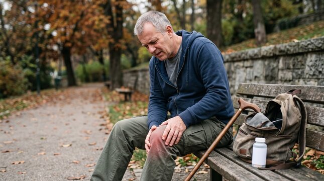 Middle aged man sitting on park bench holding knee in discomfort during autumn walk with mature man seated wooden bench serene park while resting